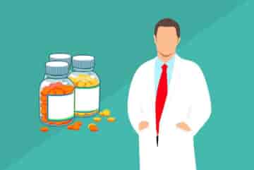 Jodtabletten, Jod-Tabletten, ein Apotheker mit weissem Kittel vor einer Reihe von Medizingläsern mit Tabletten