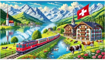 Postkartenmotiv Schweiz mit Chalet, Glacier-Express, Kühen, Bergen und der Schweizer Fahne