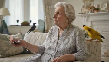Eine alte Dame sitzt im Wohnzimmer auf einer Couch und legt ihr Hörgerät ab