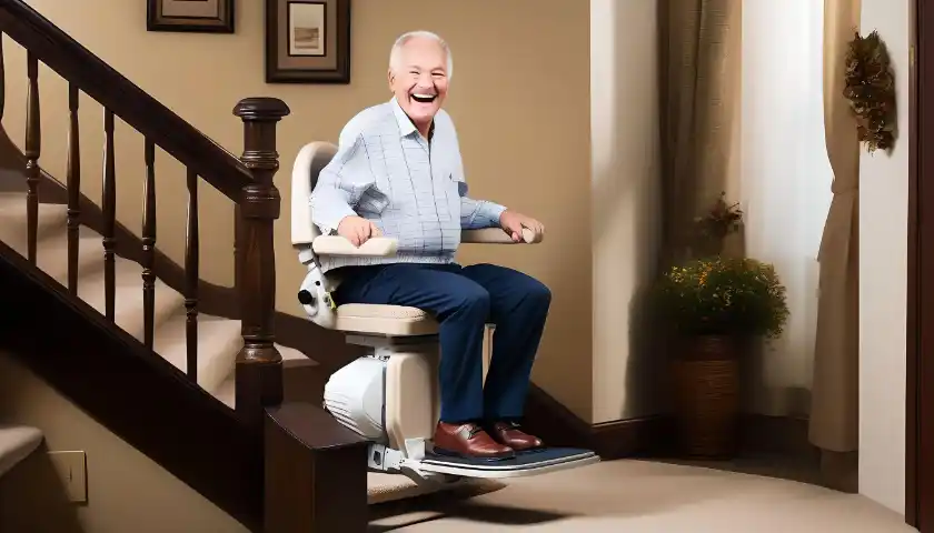 Ein älterer Herr freut sich über seinen Treppenlift